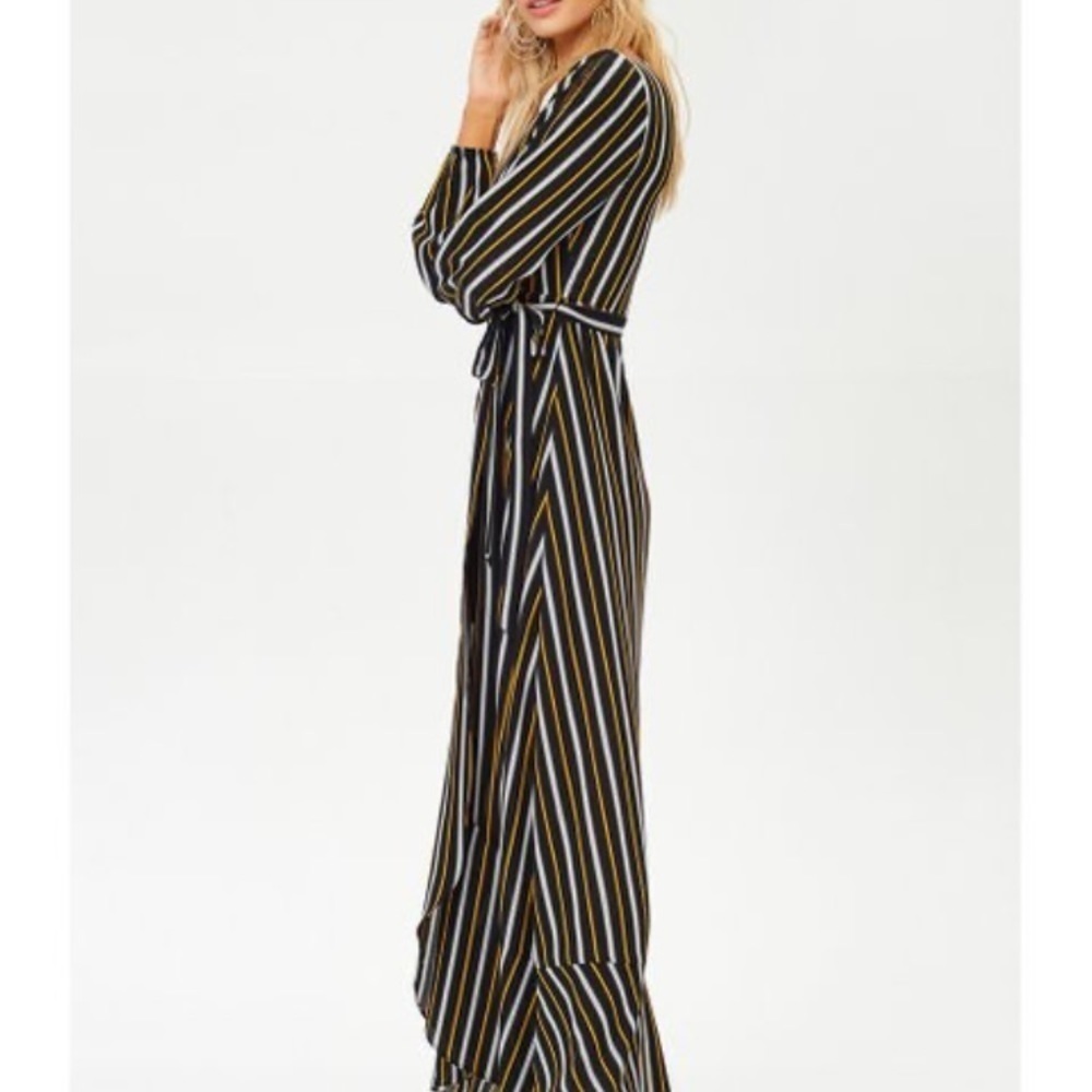 Jane Plus One black and gold pinstripe long cut out sleeve maxi wrap dress - Picture 3 of 16